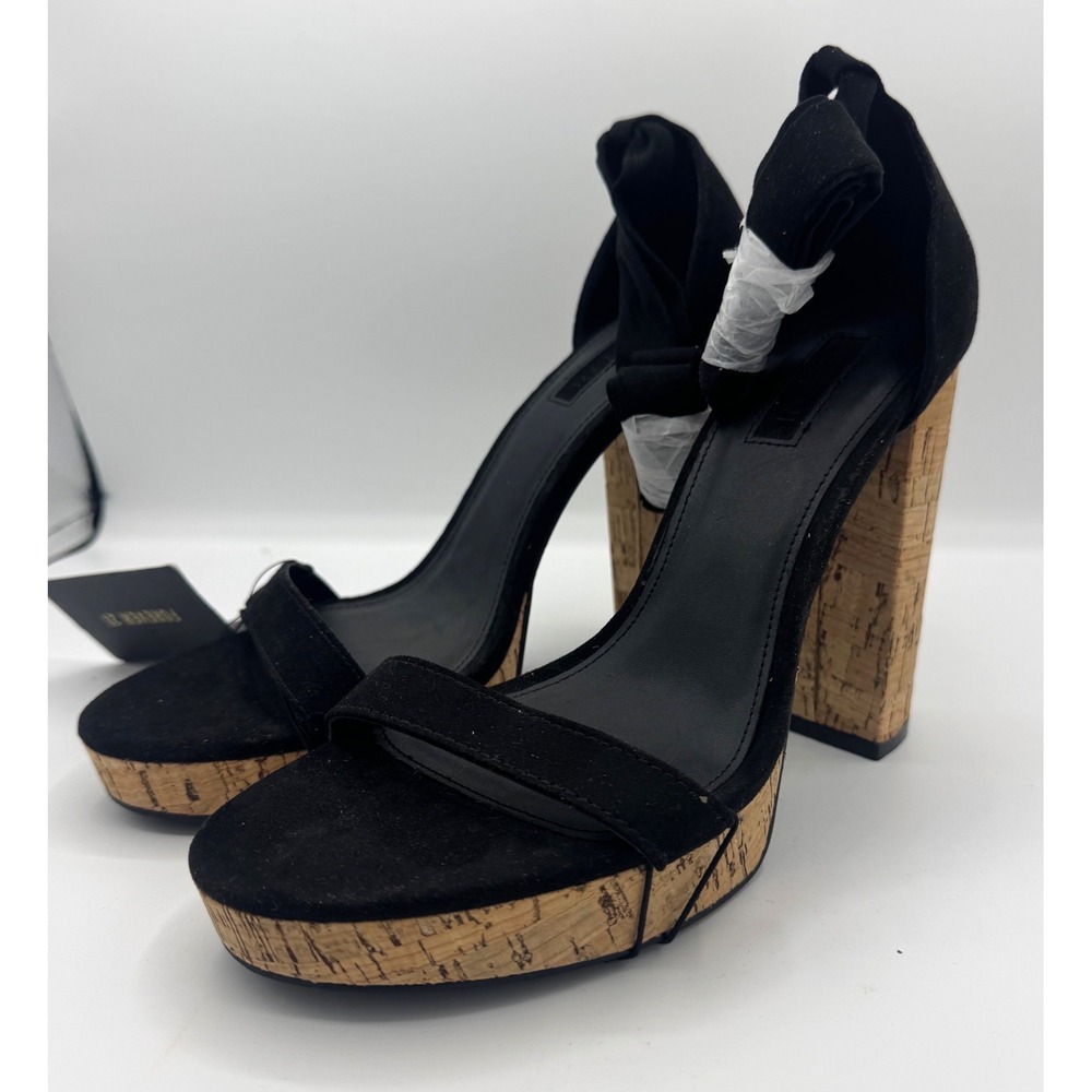 Forever 21 Womens Black Suede Cork Platform Block Heel Sandals‎ Size 9 NWT